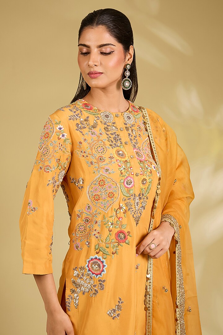 Orange Silk Embroidered Bridal Sharara Set by Debyani at Pernia's Pop Up Shop