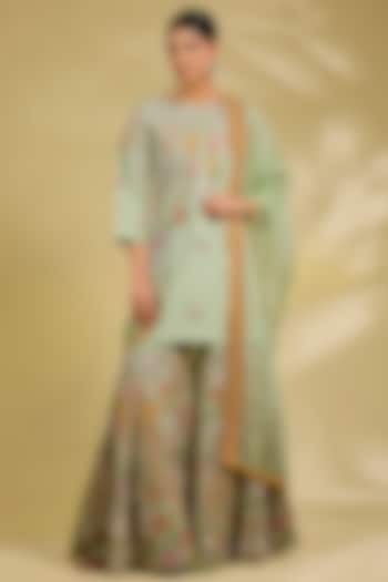Pista Green Silk Hand & Machine Embroidered Bridal Sharara Set by Debyani at Pernia's Pop Up Shop