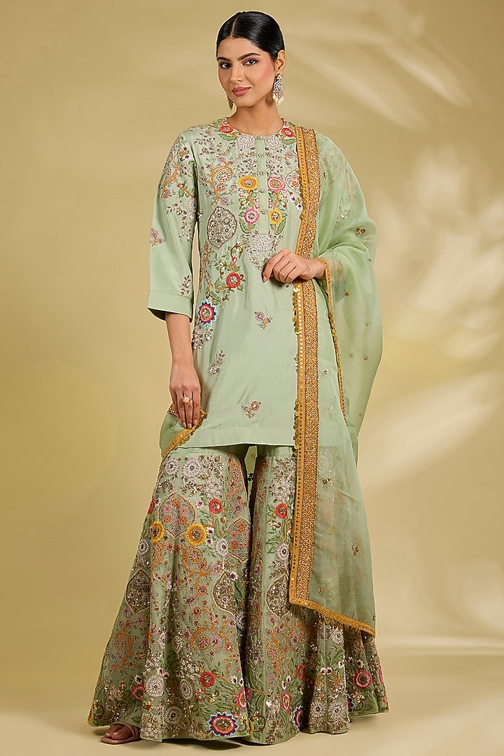 Pista Green Silk Hand & Machine Embroidered Bridal Sharara Set by Debyani at Pernia's Pop Up Shop