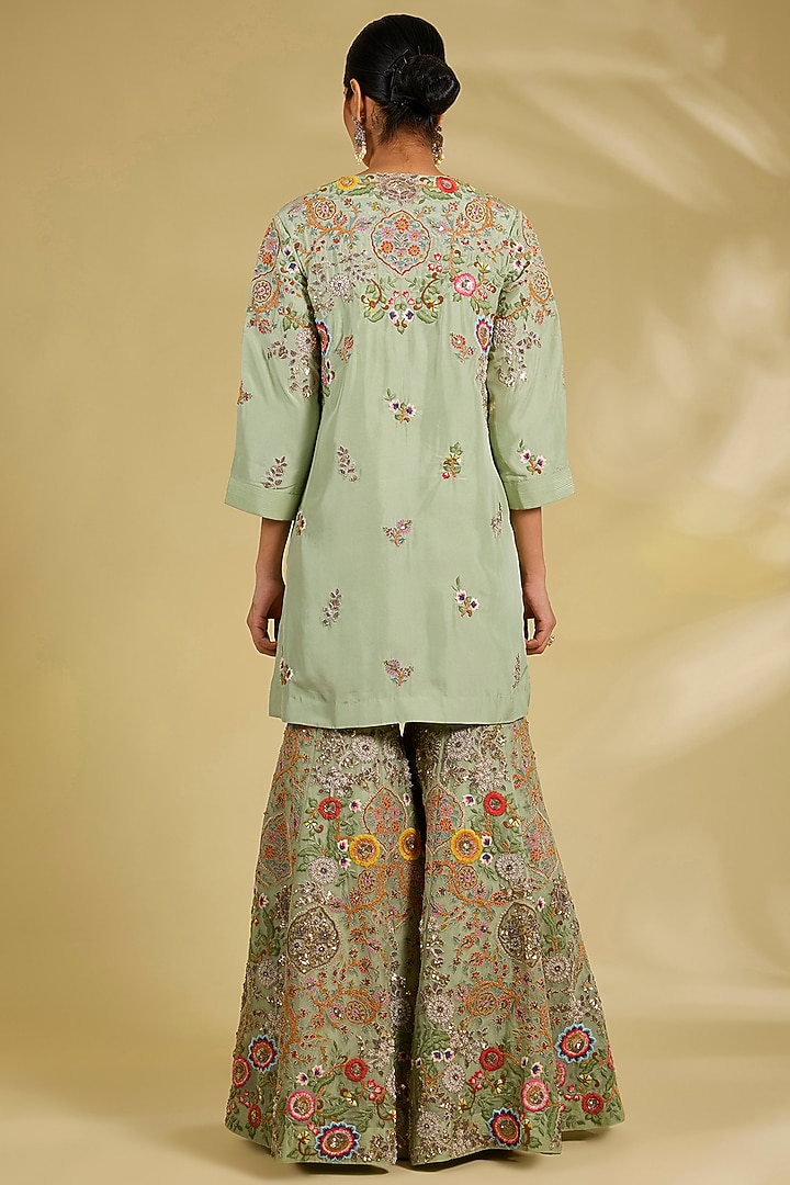 Pista Green Silk Hand & Machine Embroidered Bridal Sharara Set by Debyani at Pernia's Pop Up Shop