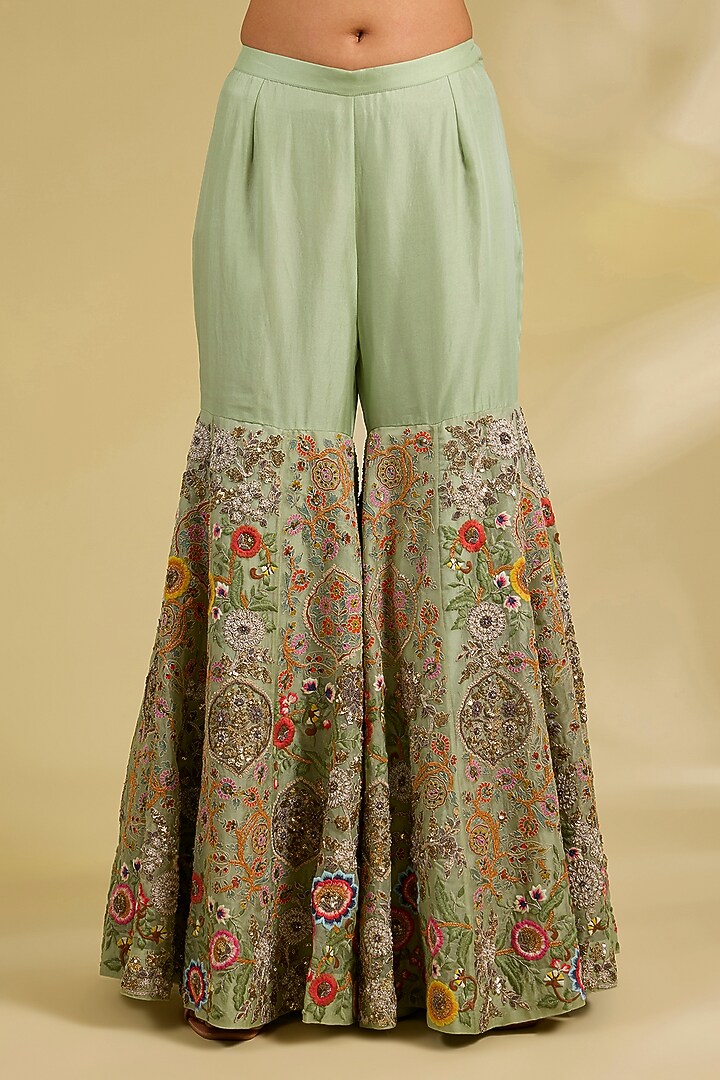 Pista Green Silk Hand & Machine Embroidered Bridal Sharara Set by Debyani at Pernia's Pop Up Shop