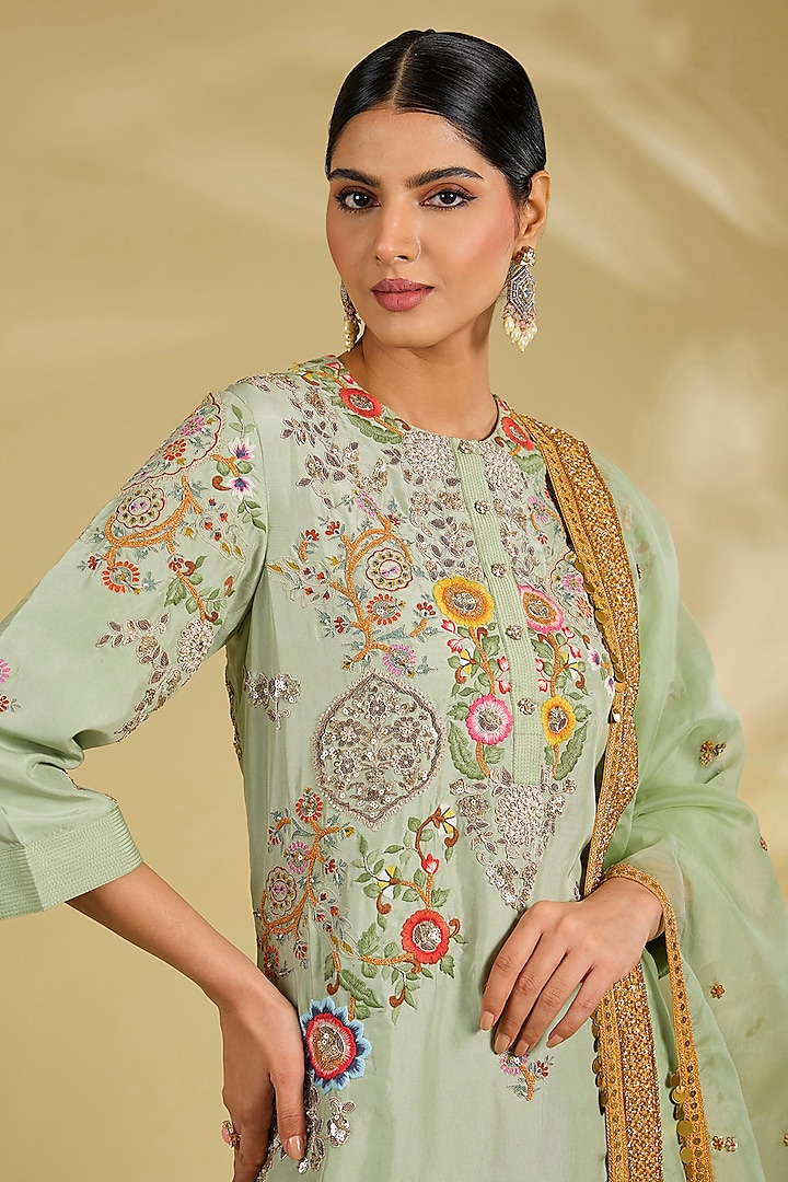 Pista Green Silk Hand & Machine Embroidered Bridal Sharara Set by Debyani at Pernia's Pop Up Shop