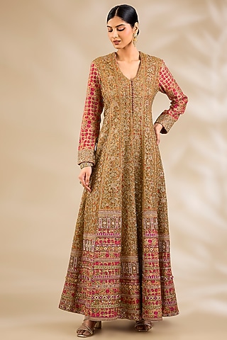 Red Silk Hand & Machine Embroidered Jacket Set by Debyani