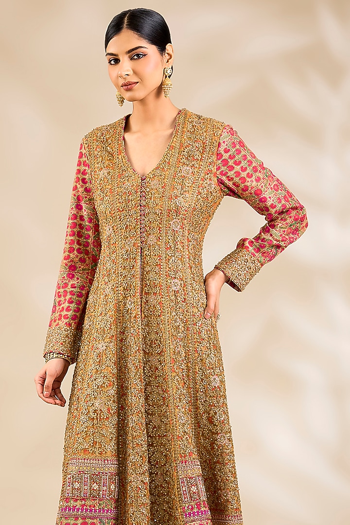 Red Silk Hand & Machine Embroidered Jacket Set by Debyani at Pernia's Pop Up Shop