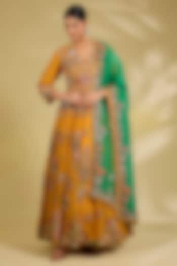 Orange Silk Hand & Machine Embroidered Bridal Anarkali Set by Debyani at Pernia's Pop Up Shop
