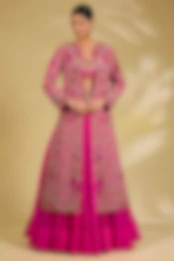 Neon Pink Silk Hand & Machine Embroidered Jacket Set by Debyani at Pernia's Pop Up Shop