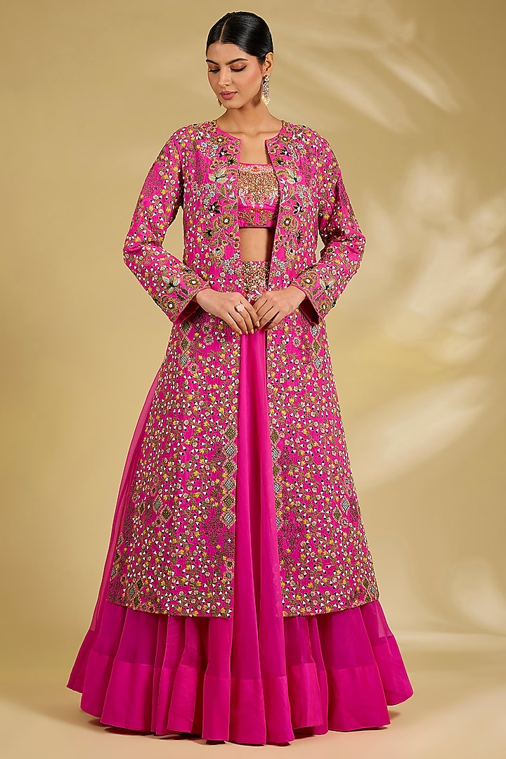 Neon Pink Silk Hand & Machine Embroidered Jacket Set by Debyani at Pernia's Pop Up Shop