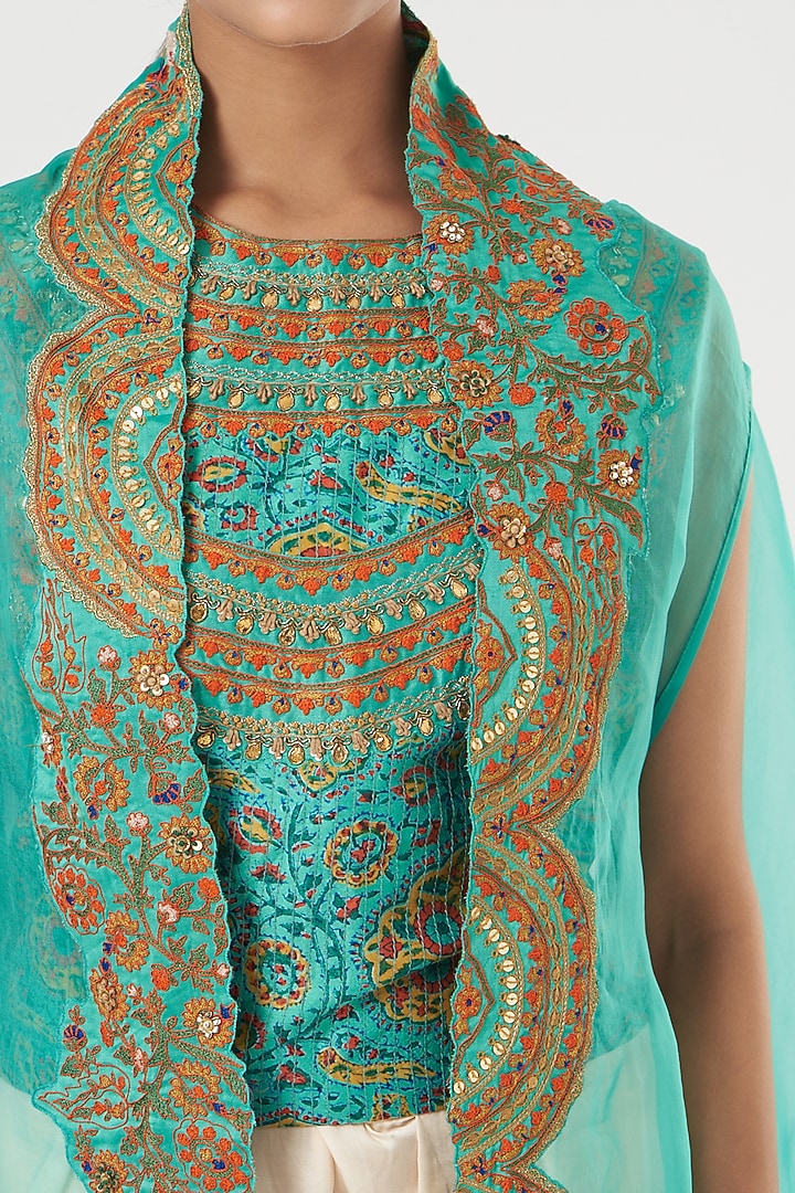 Firoza Blue Chanderi Cape Set by Debyani at Pernia's Pop Up Shop