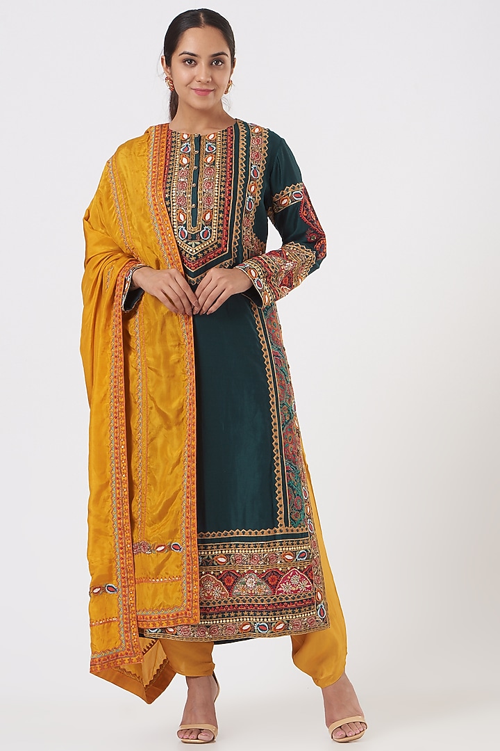 Nile Blue Chanderi, Mulmul, & Silk Kurta Set by Debyani at Pernia's Pop Up Shop