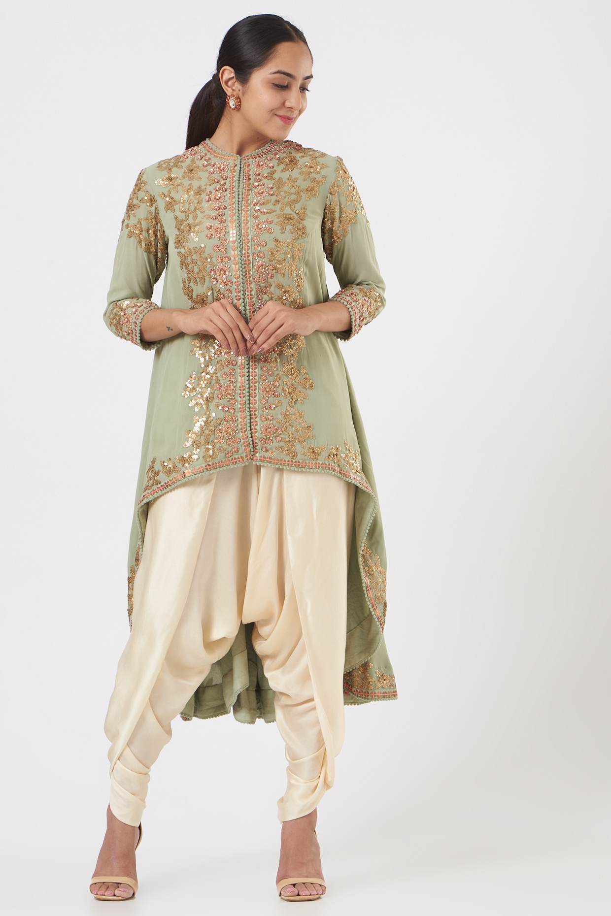 Pale Blue Trail Jacket Set With Sequins Work by Debyani at Pernia's Pop Up Shop