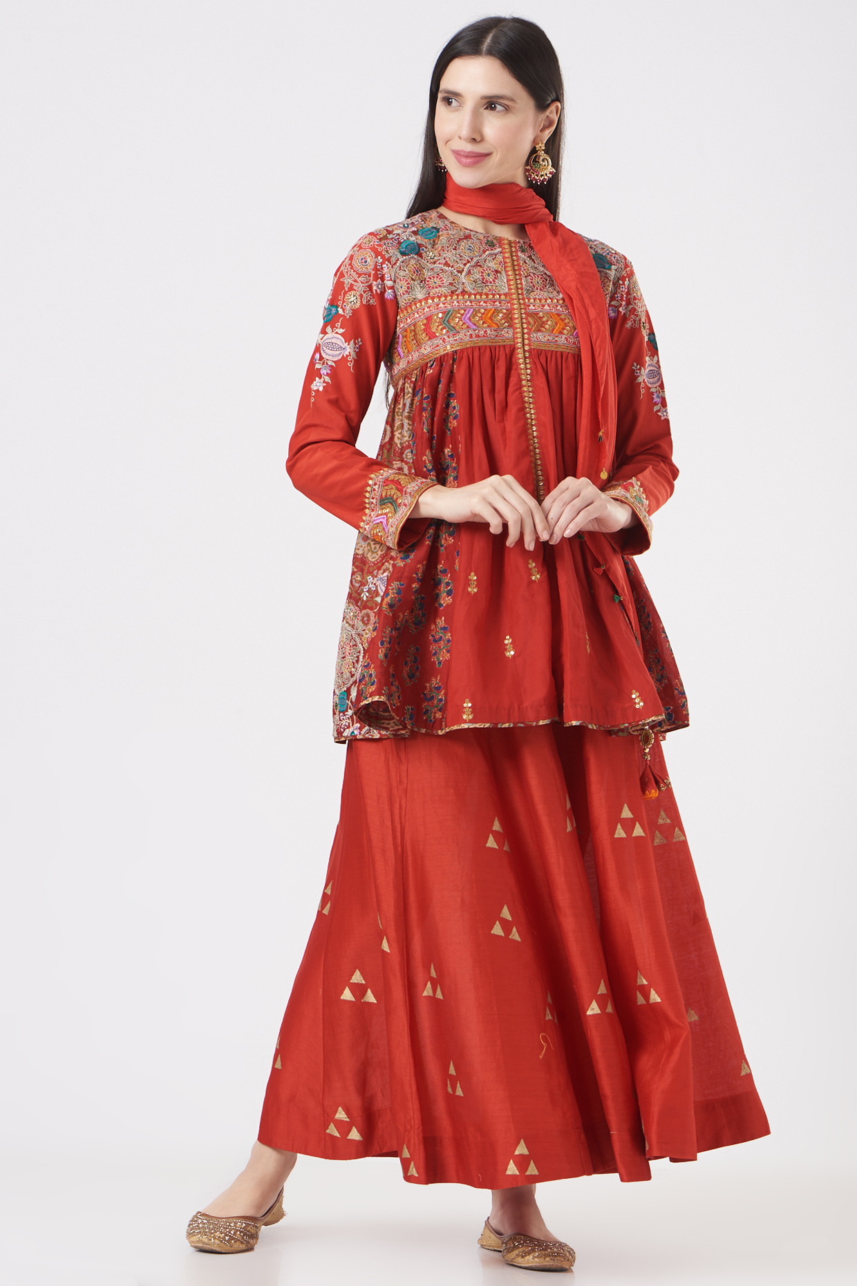 Cadmium Red Silk Chanderi & Mulmul Tunic Set by Debyani at Pernia's Pop Up Shop