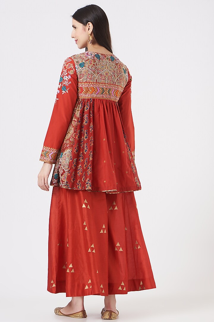 Cadmium Red Silk Chanderi & Mulmul Tunic Set by Debyani at Pernia's Pop Up Shop