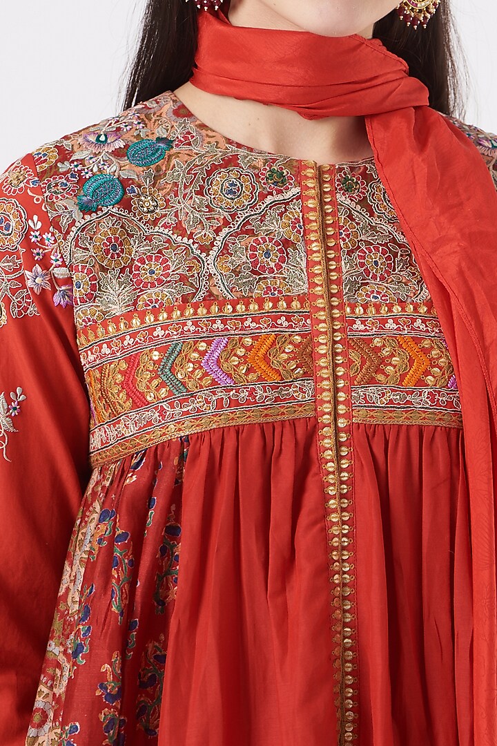 Cadmium Red Silk Chanderi & Mulmul Tunic Set by Debyani at Pernia's Pop Up Shop