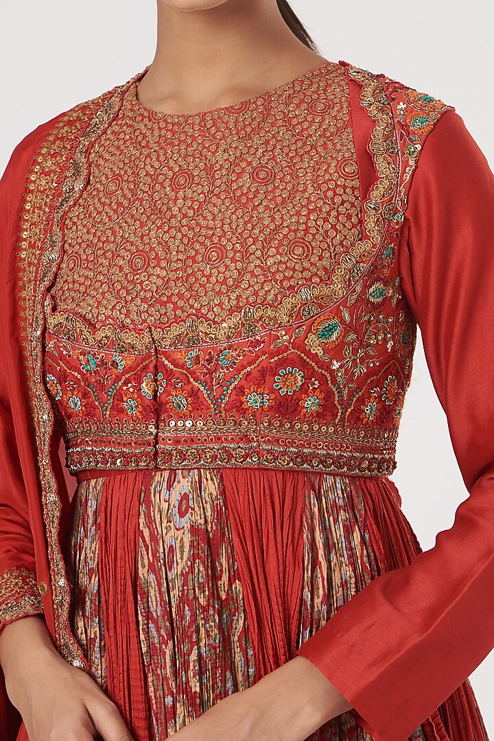 Fiery Red Silk Chanderi & Mulmul Kalidar Bridal Anarkali Set by Debyani at Pernia's Pop Up Shop