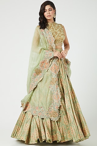 Pista Green Printed Lehenga Set by Debyani