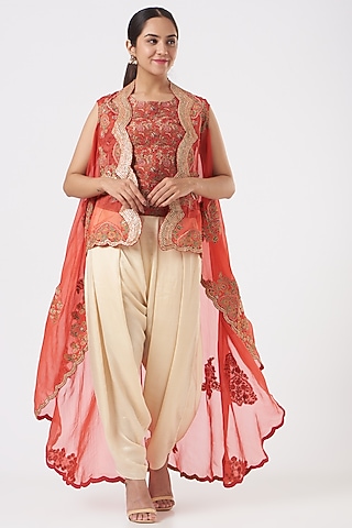 Fluorescent Red High-Low Jacket Set by Debyani