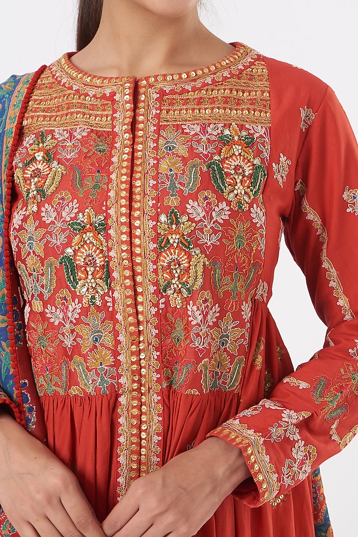 Clear Red Gathered Kurta Set by Debyani at Pernia's Pop Up Shop