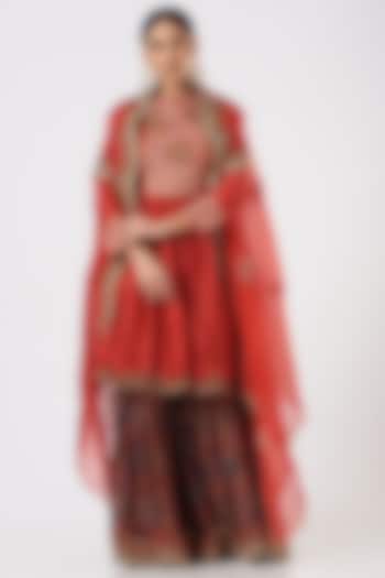 Cadmium Red Printed Sharara Set With Cape by Debyani
