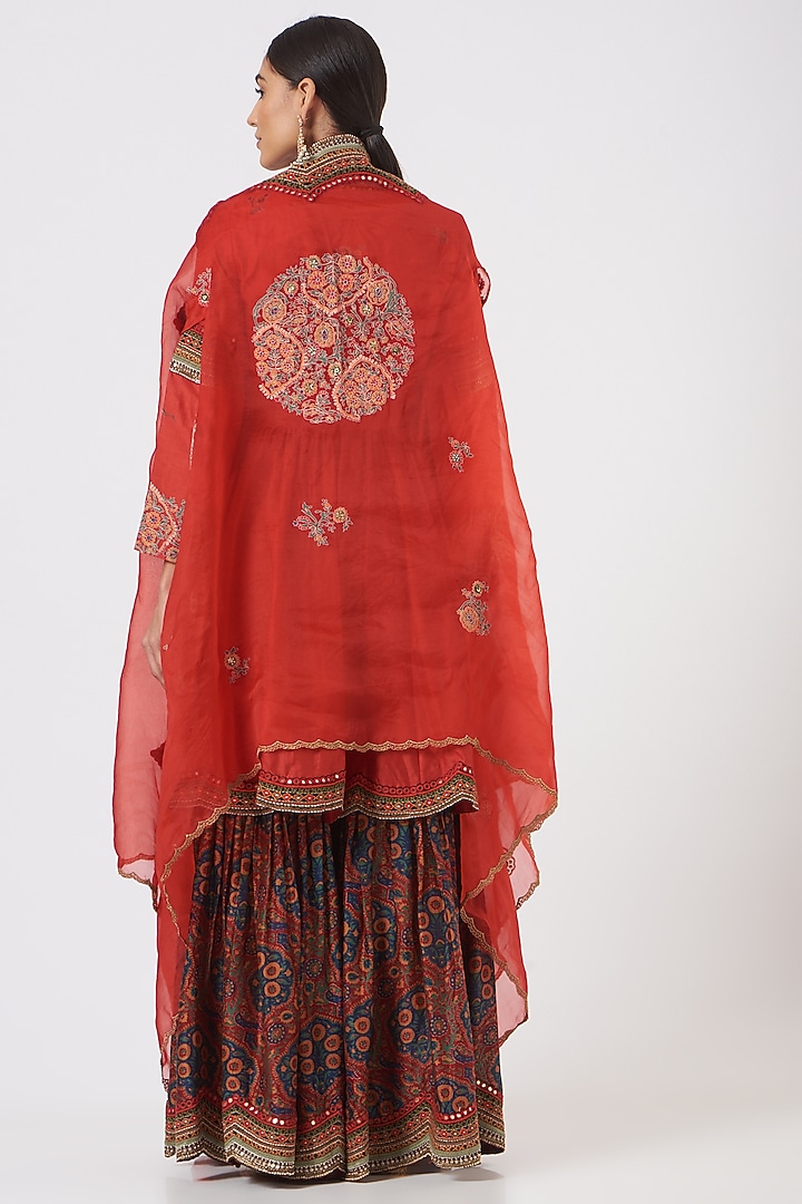 Cadmium Red Printed Bridal Sharara Set With Cape by Debyani at Pernia's Pop Up Shop