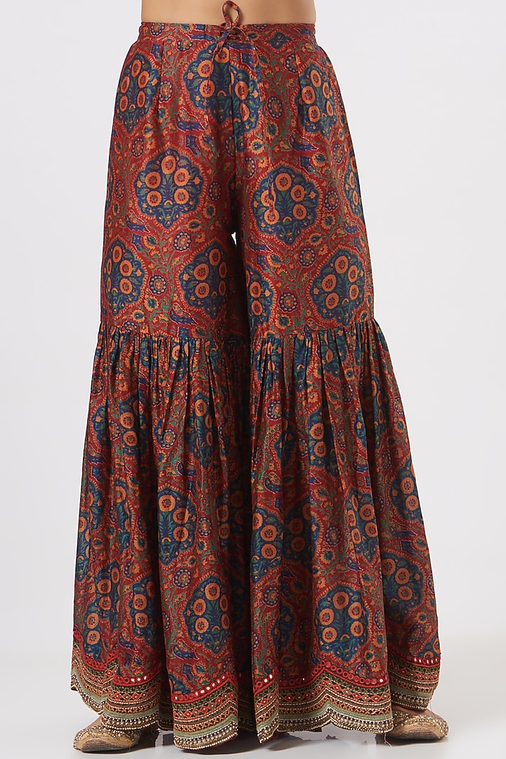 Cadmium Red Printed Bridal Sharara Set With Cape by Debyani at Pernia's Pop Up Shop