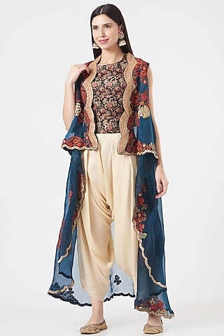 Cobalt Blue Chanderi High-Low Jacket Set by Debyani