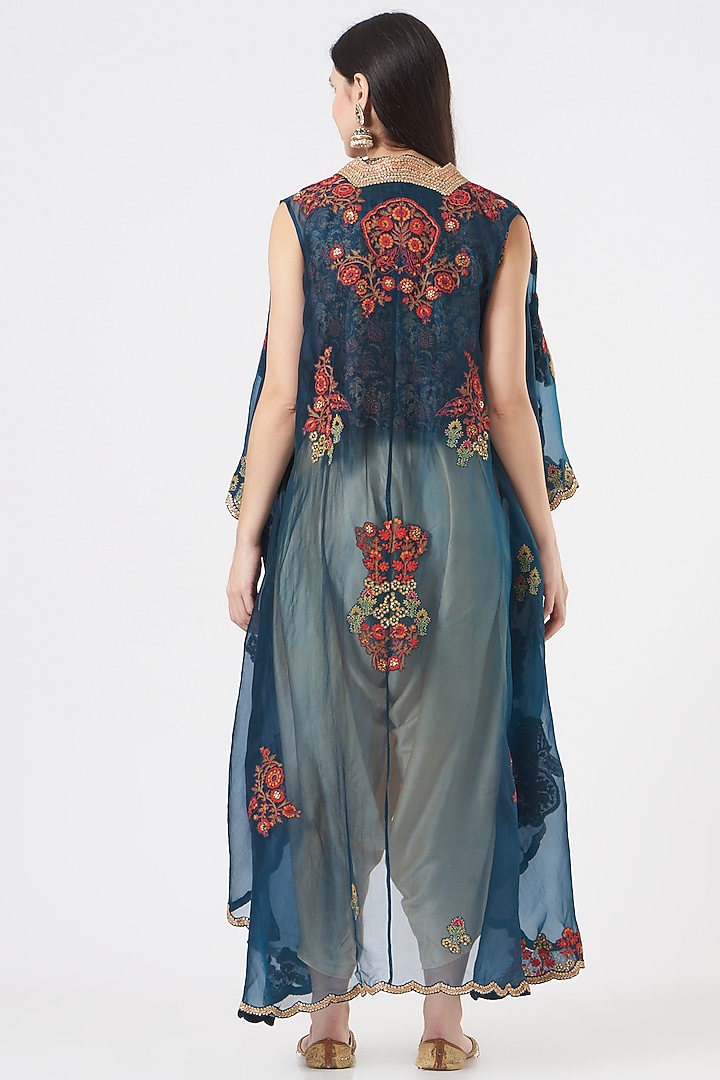 Cobalt Blue Chanderi High-Low Jacket Set by Debyani at Pernia's Pop Up Shop