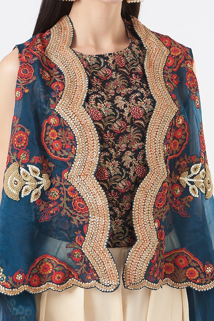 Cobalt Blue Chanderi High-Low Jacket Set by Debyani at Pernia's Pop Up Shop
