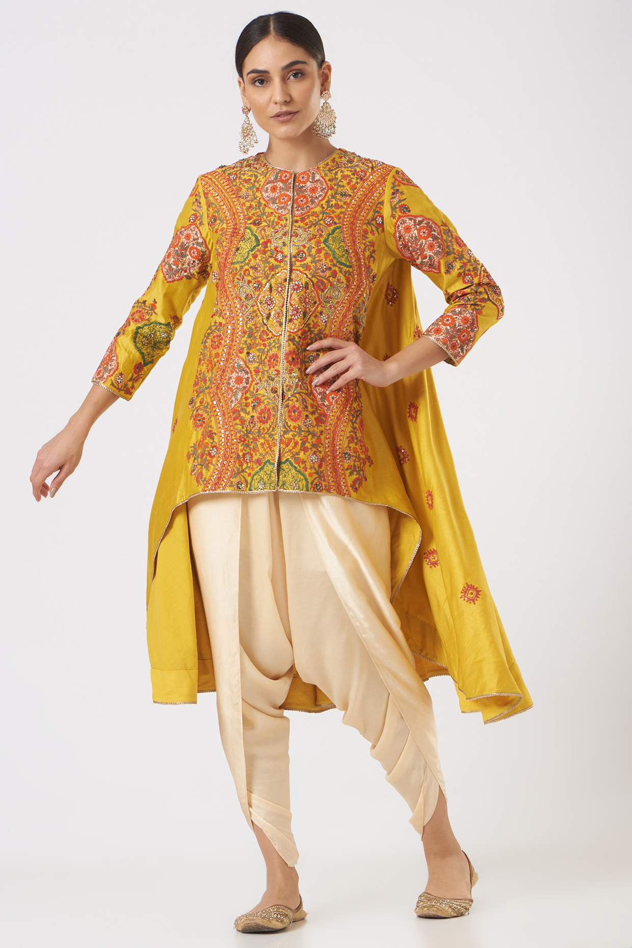 Mustard Chanderi, Mulmul, & Modal Satin Trail Jacket Set by Debyani at Pernia's Pop Up Shop