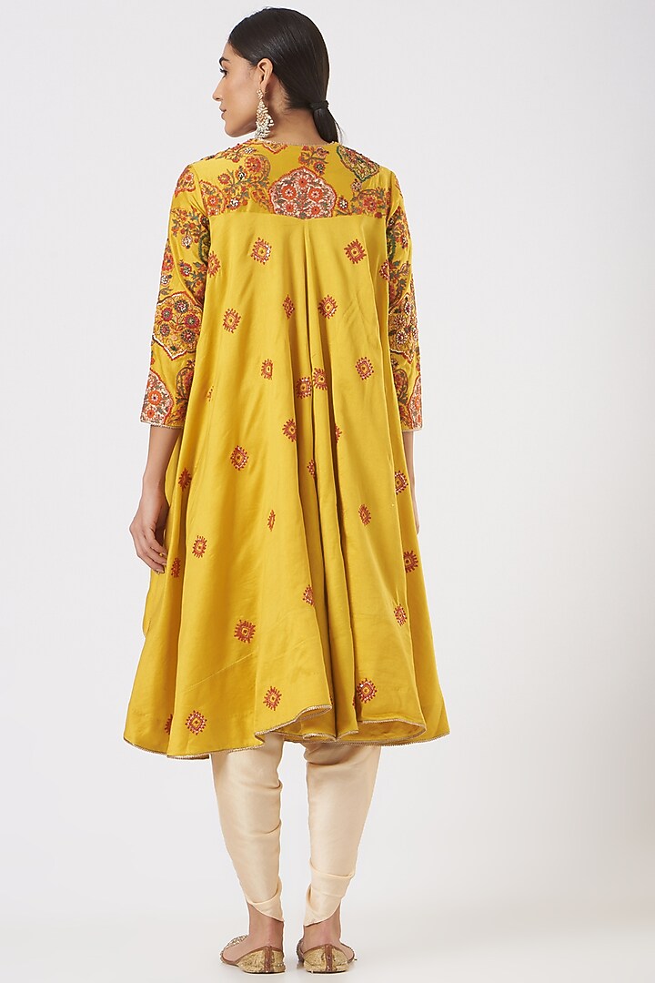 Mustard Chanderi, Mulmul, & Modal Satin Trail Jacket Set by Debyani at Pernia's Pop Up Shop