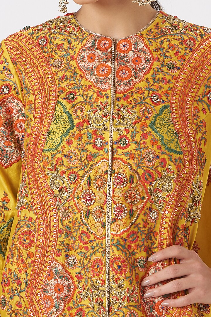 Mustard Chanderi, Mulmul, & Modal Satin Trail Jacket Set by Debyani at Pernia's Pop Up Shop