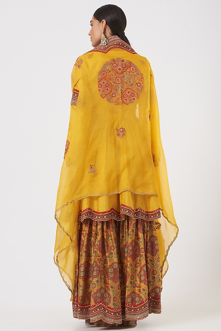 Mustard Printed Bridal Sharara Set With Cape by Debyani at Pernia's Pop Up Shop