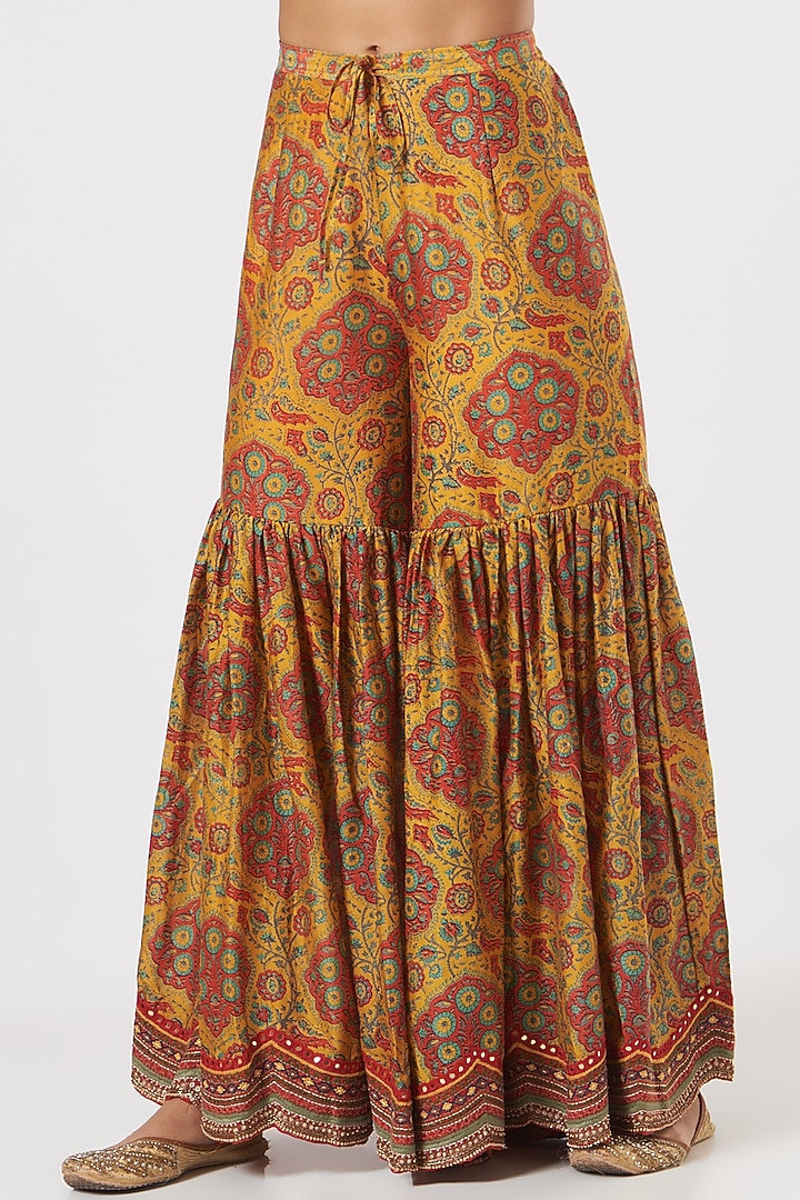 Mustard Printed Bridal Sharara Set With Cape by Debyani at Pernia's Pop Up Shop