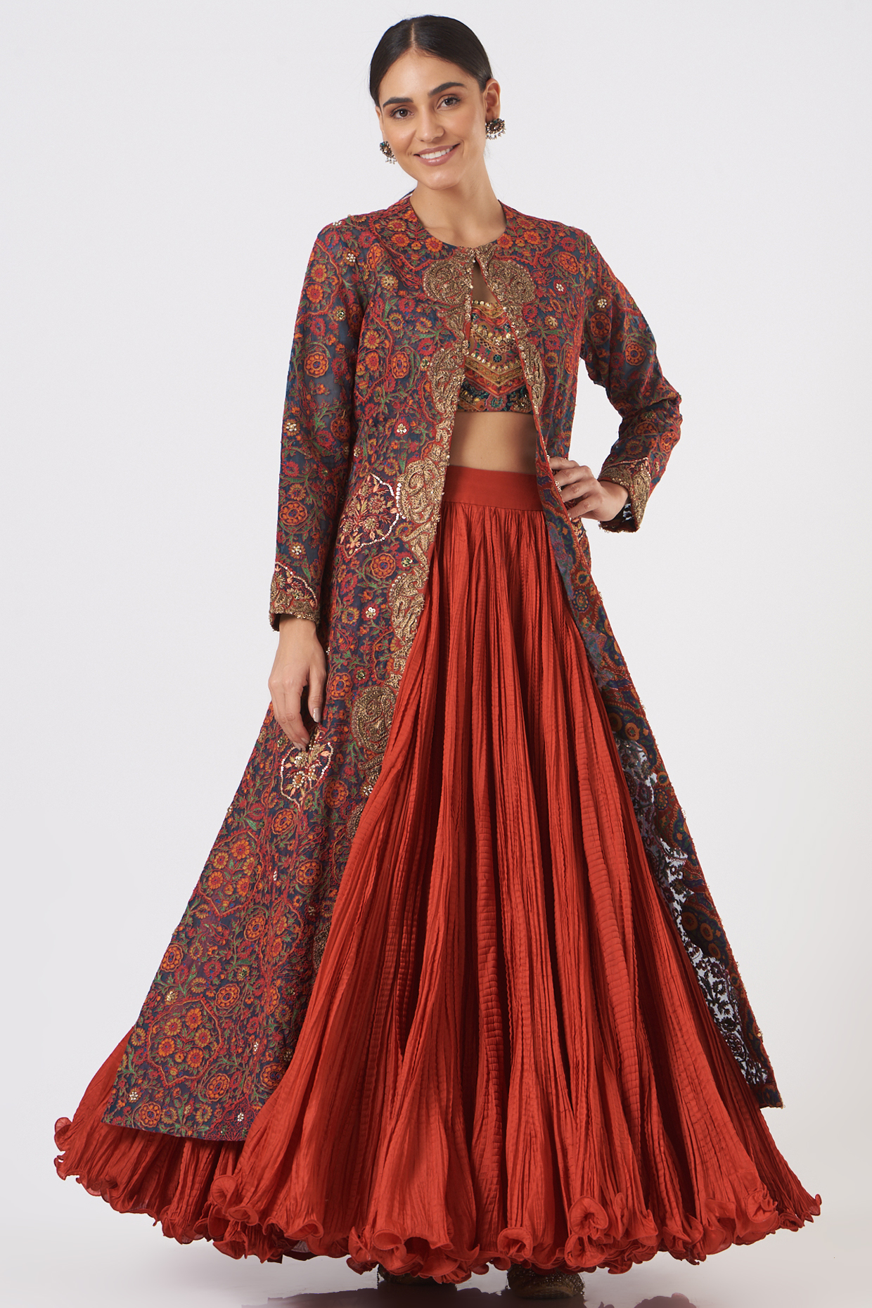 Multi-Colored Long Jacket With Cadmium Red Skirt Set by Debyani at Pernia's Pop Up Shop