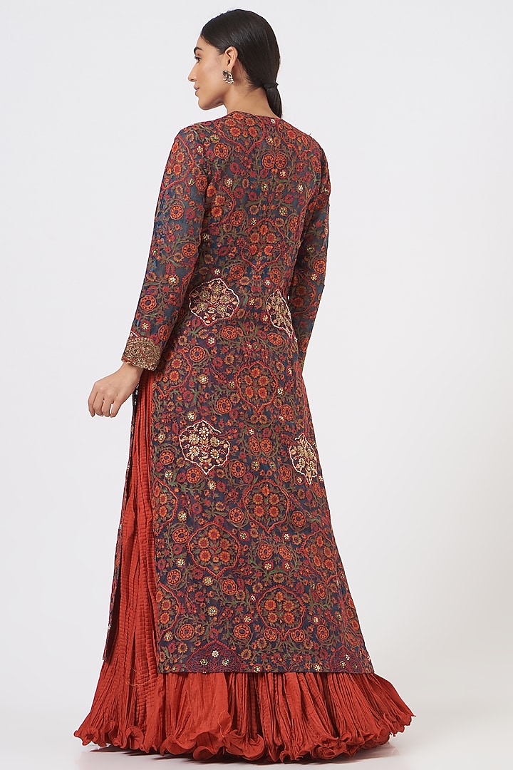 Multi-Colored Long Jacket With Cadmium Red Skirt Set by Debyani at Pernia's Pop Up Shop