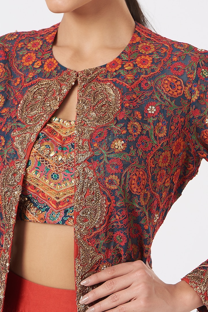 Multi-Colored Long Jacket With Cadmium Red Skirt Set by Debyani at Pernia's Pop Up Shop