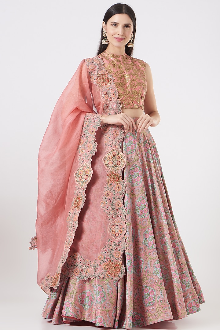 Old Rose Printed Skirt Set by Debyani