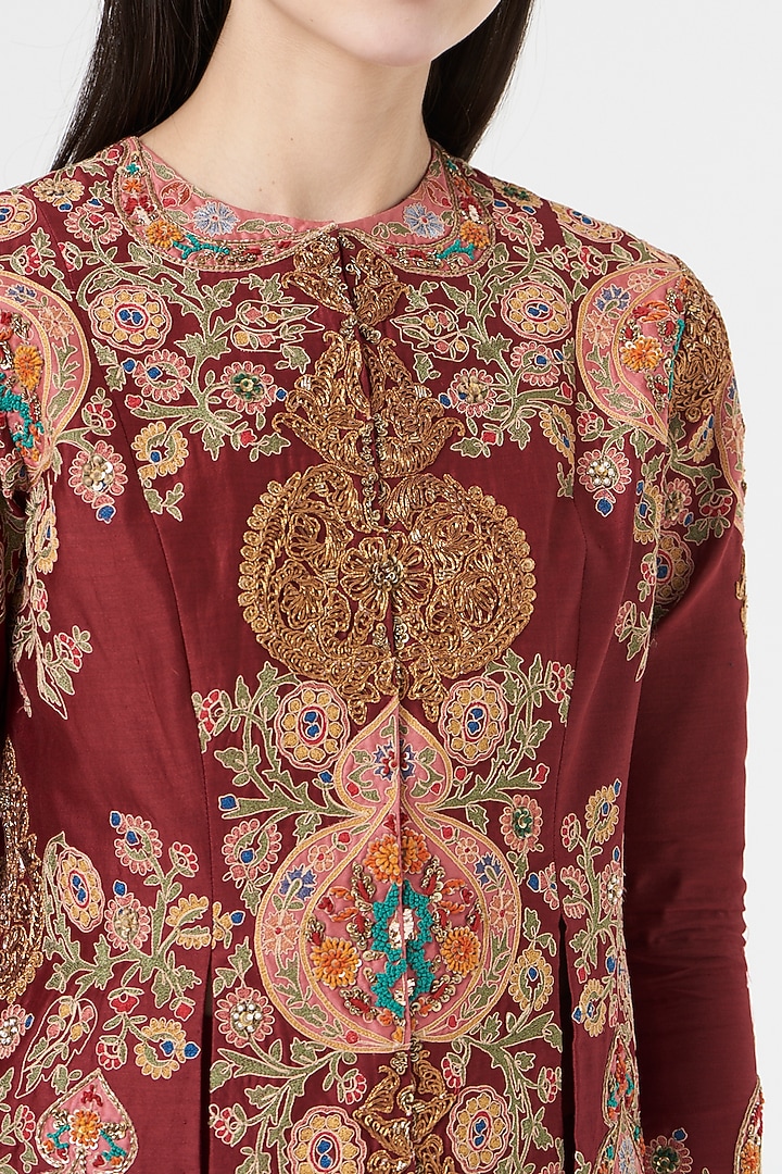 Maroon Chanderi Embroidered Jacket Set by Debyani at Pernia's Pop Up Shop