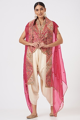 Magenta Cape With Jacket Set by Debyani