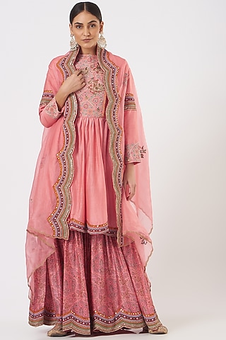 Old Rose Printed Sharara Set With Cape by Debyani