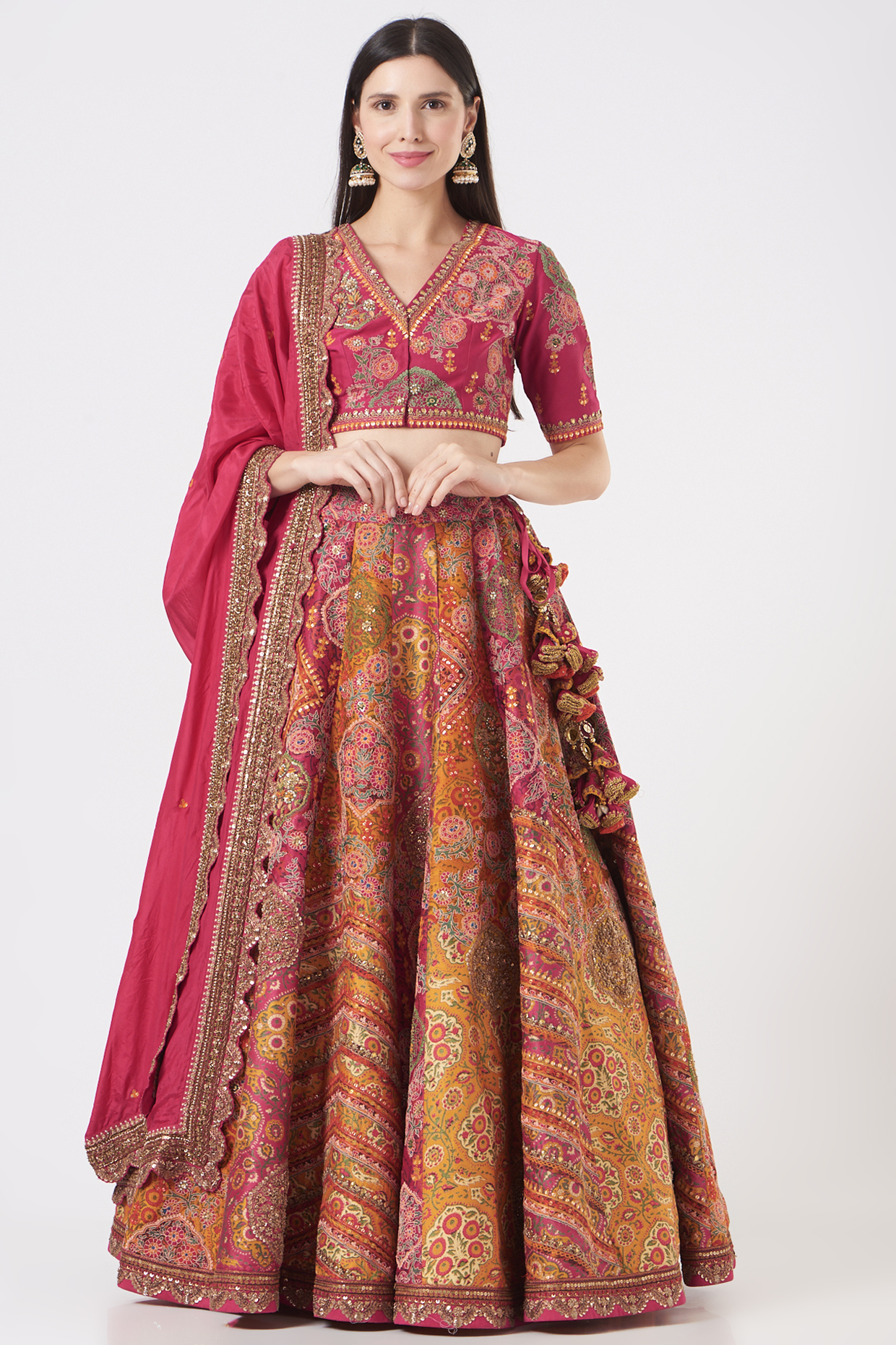 Magenta Silk Chanderi & Mulmul Bridal Lehenga Set by Debyani at Pernia's Pop Up Shop