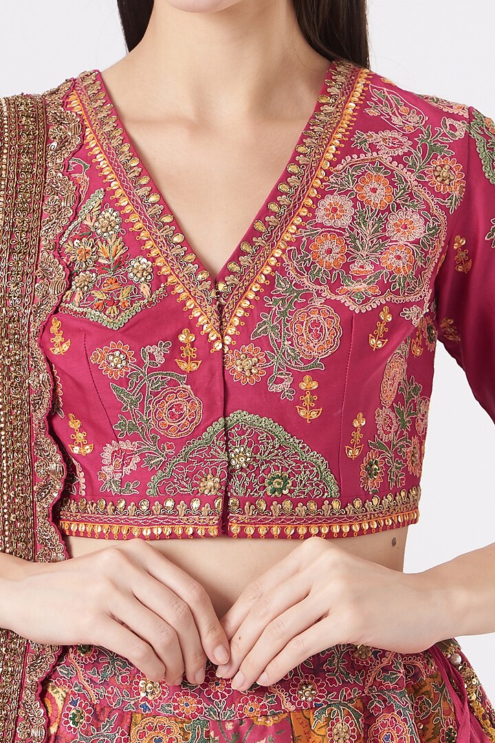 Magenta Silk Chanderi & Mulmul Bridal Lehenga Set by Debyani at Pernia's Pop Up Shop