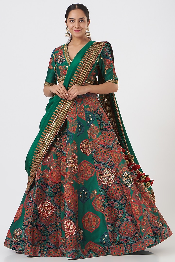 Golf Green Silk Chanderi Embroidered Bridal Lehenga Set by Debyani at Pernia's Pop Up Shop