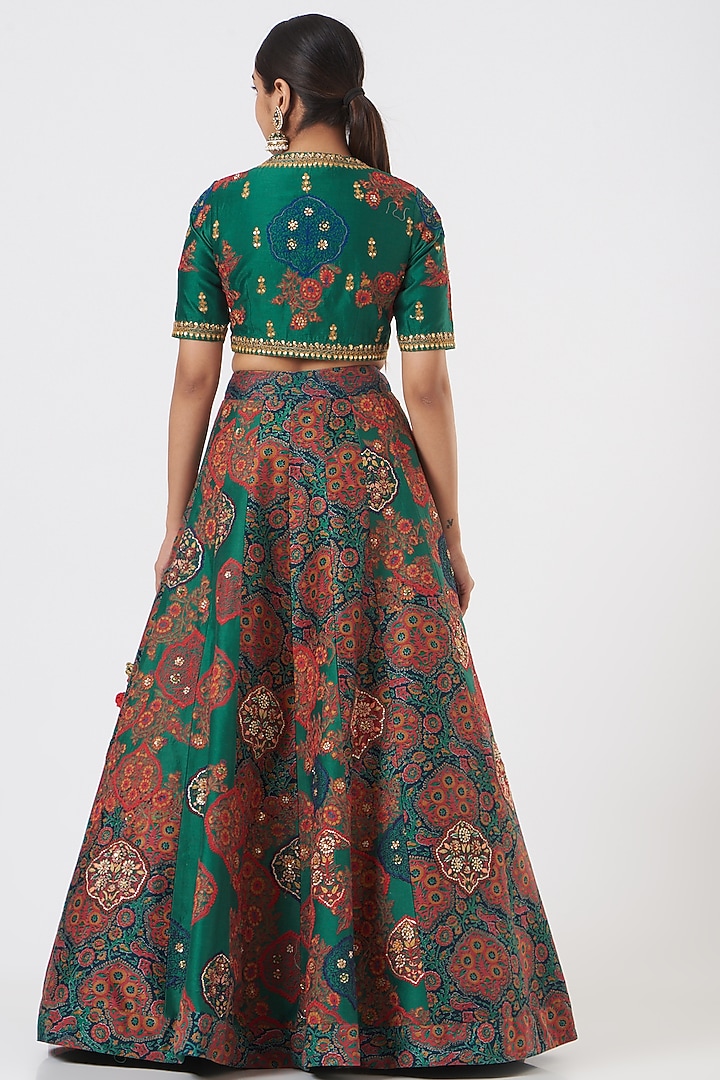 Golf Green Silk Chanderi Embroidered Bridal Lehenga Set by Debyani at Pernia's Pop Up Shop