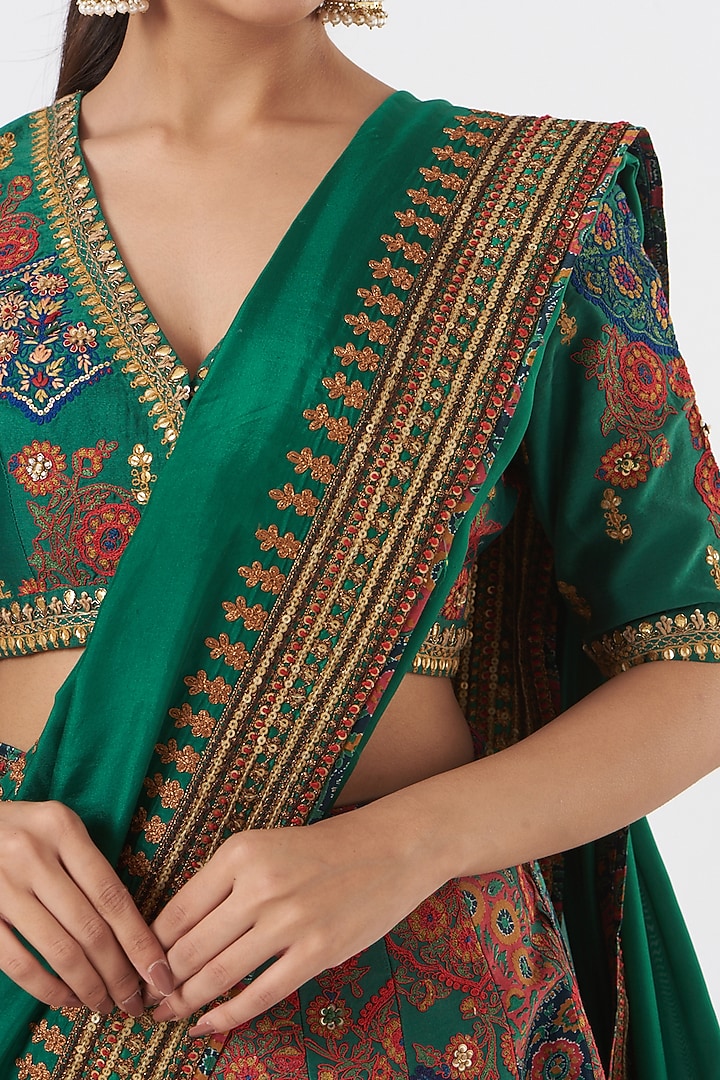 Golf Green Silk Chanderi Embroidered Bridal Lehenga Set by Debyani at Pernia's Pop Up Shop