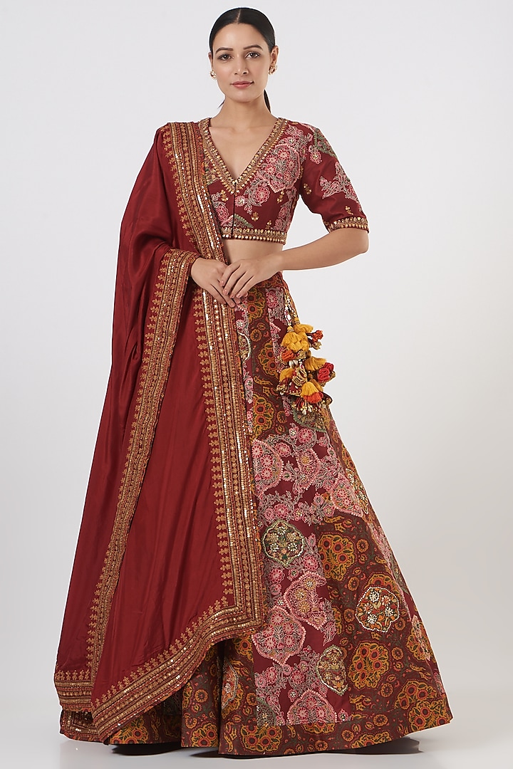 Deep Maroon Chanderi, Mulmul, & Silk Lehenga Set by Debyani