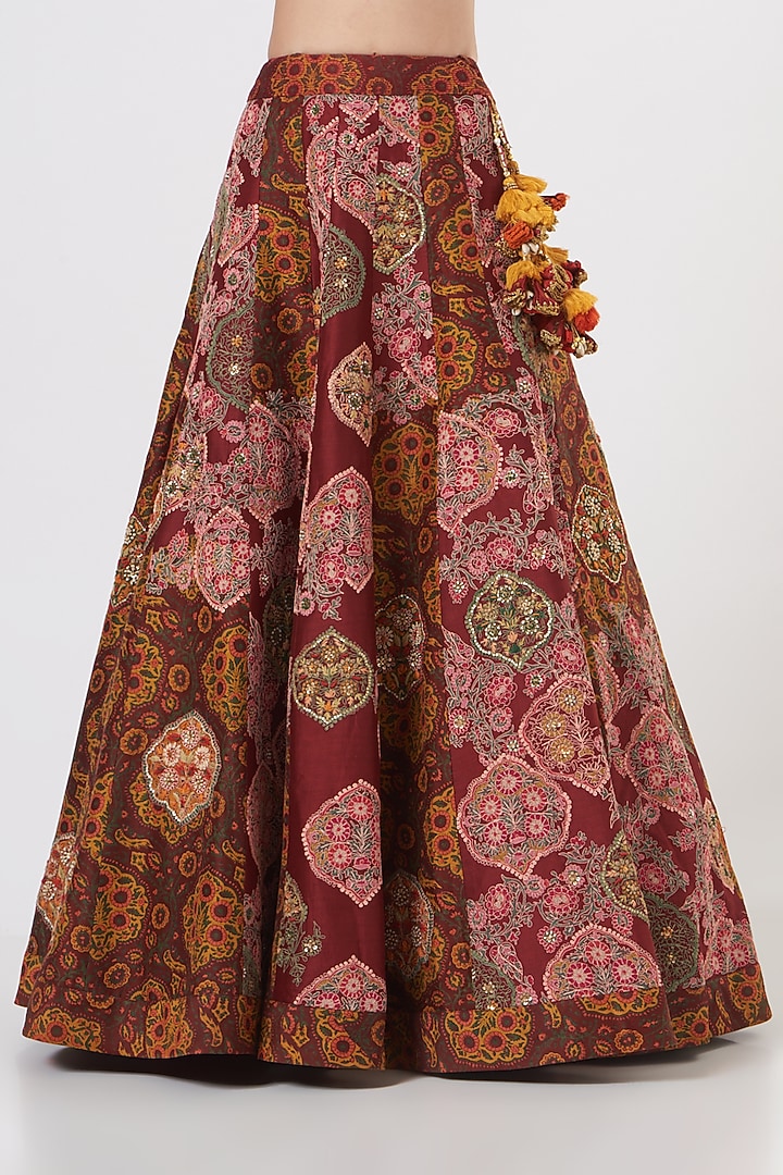 Deep Maroon Chanderi Embroidered Bridal Lehenga Set by Debyani at Pernia's Pop Up Shop