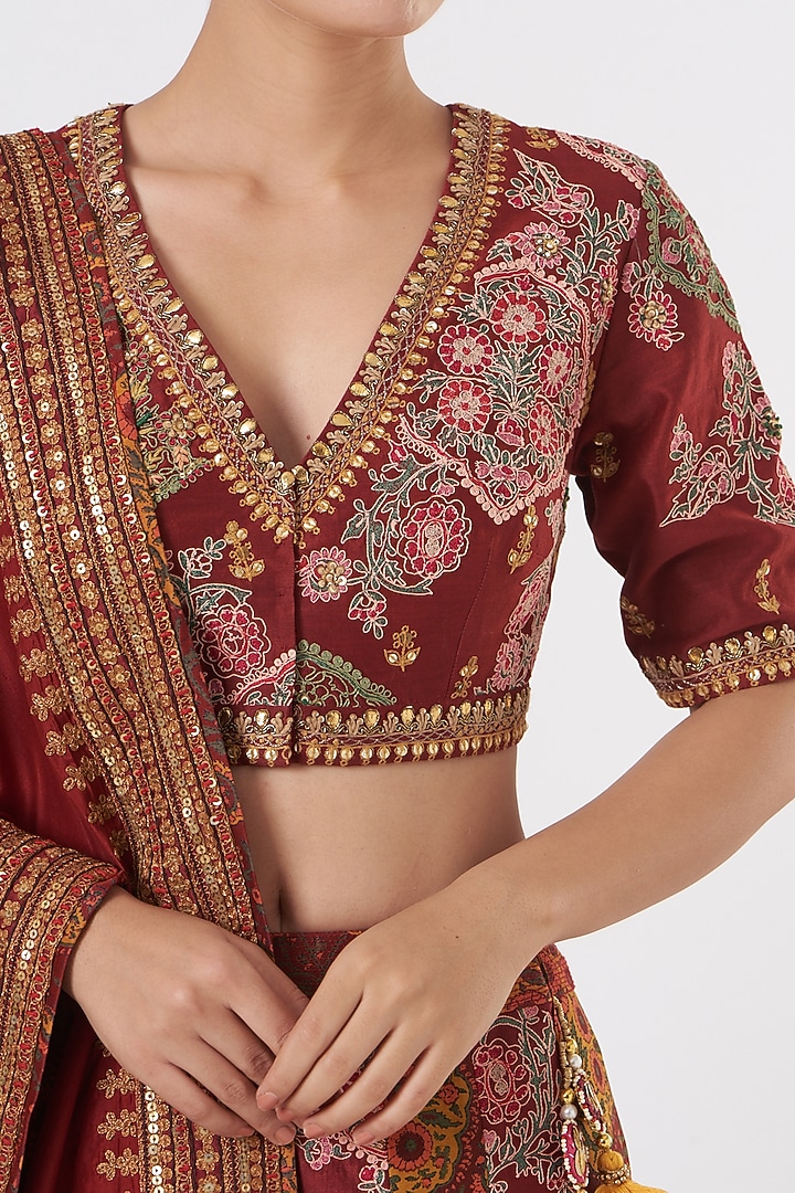 Deep Maroon Chanderi Embroidered Bridal Lehenga Set by Debyani at Pernia's Pop Up Shop