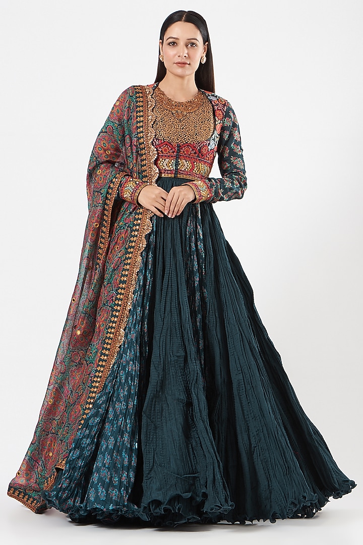 Blue Crushed Kalidar Bridal Anarkali Set by Debyani at Pernia's Pop Up Shop