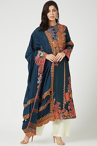 Navy Blue Scalloped Kurta Set by Debyani