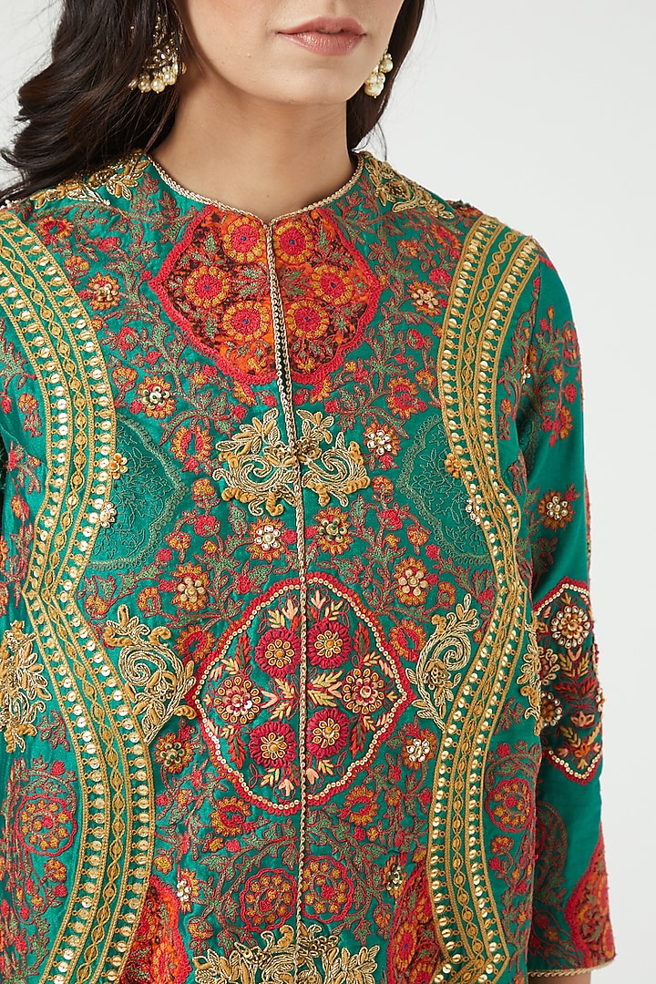 Green Chanderi Jacket Set by Debyani at Pernia's Pop Up Shop